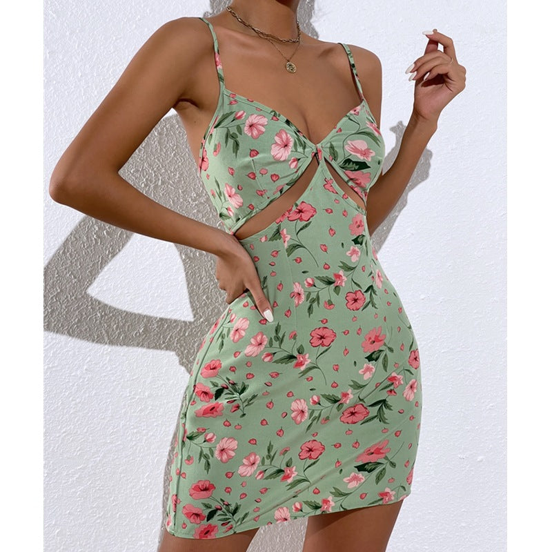 Summer Temperament Commuter Print Stitching Wrap Chest Suspender Floral Dress