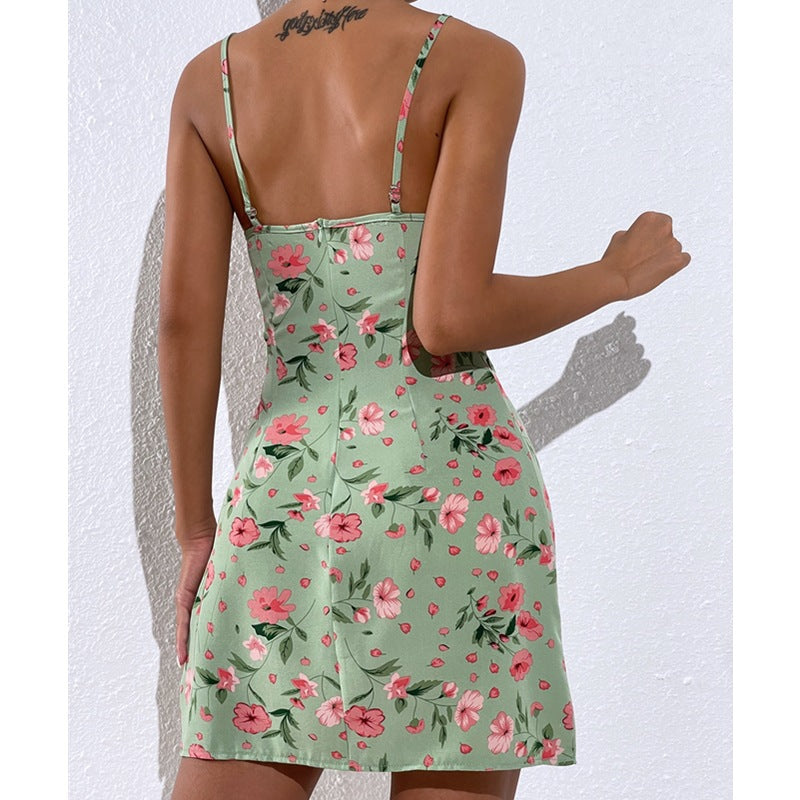 Summer Temperament Commuter Print Stitching Wrap Chest Suspender Floral Dress