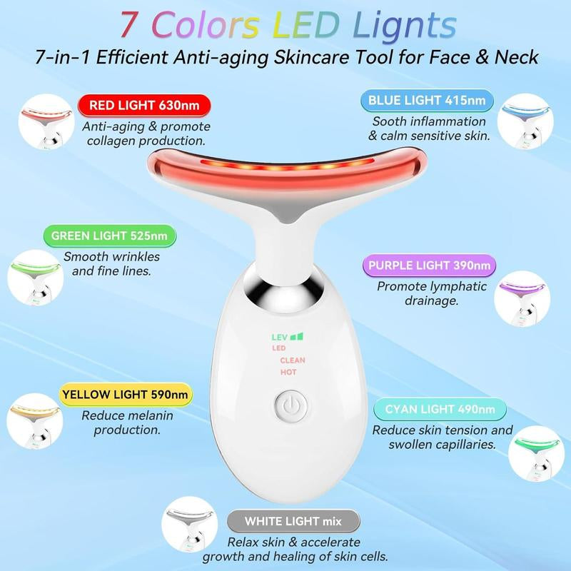 SHMHE 7-In-1 Neck and Face Massager, 7-Color LED Face and Neck Massager, Home Skin Care, Portable Facial Massager, Christmas Gift, Facial Shaping Tool, Portable, Multi-Functional Vibration to Firm Skin